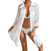 Womens Bathing Suit Cover up Swimsuit Beach Bikini Cover Up Loose V-Neck Swimwear Button Down Shirt Dress White